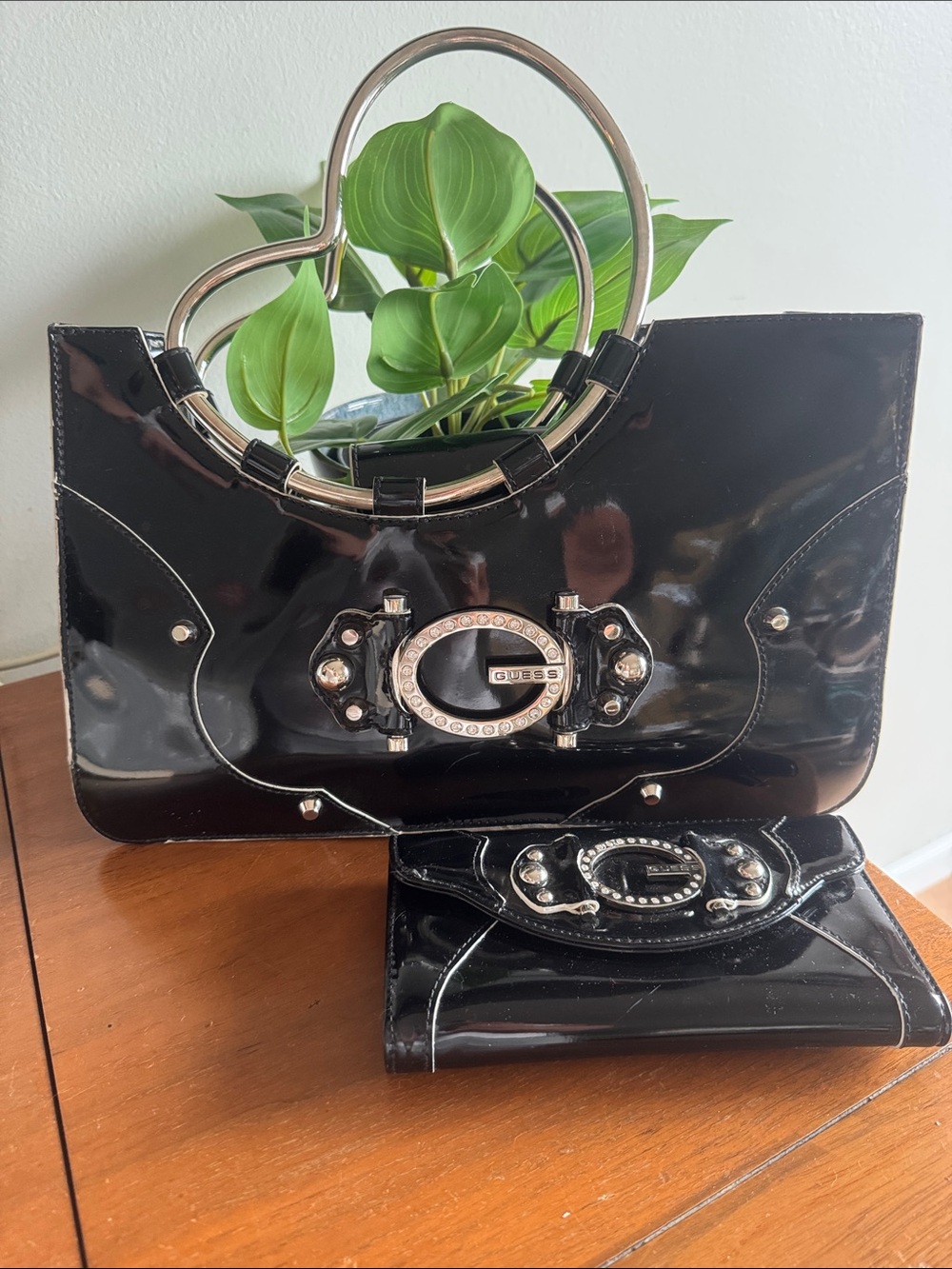 GUESS Black Patent Heart Handle Mini Tote with Matching Wallet